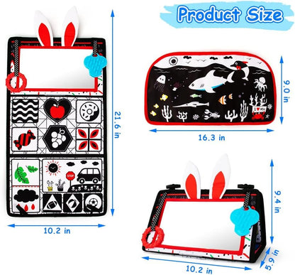 Inbeby Tummy Time Mirror Toy & Play Activity Cinrkle Mat, Black and White High Contrast Baby Newbron Toys 0 3 6 Months Brain Development, Snesory Texture Piano Infant Toys 0 3 6 Months with Squeaker