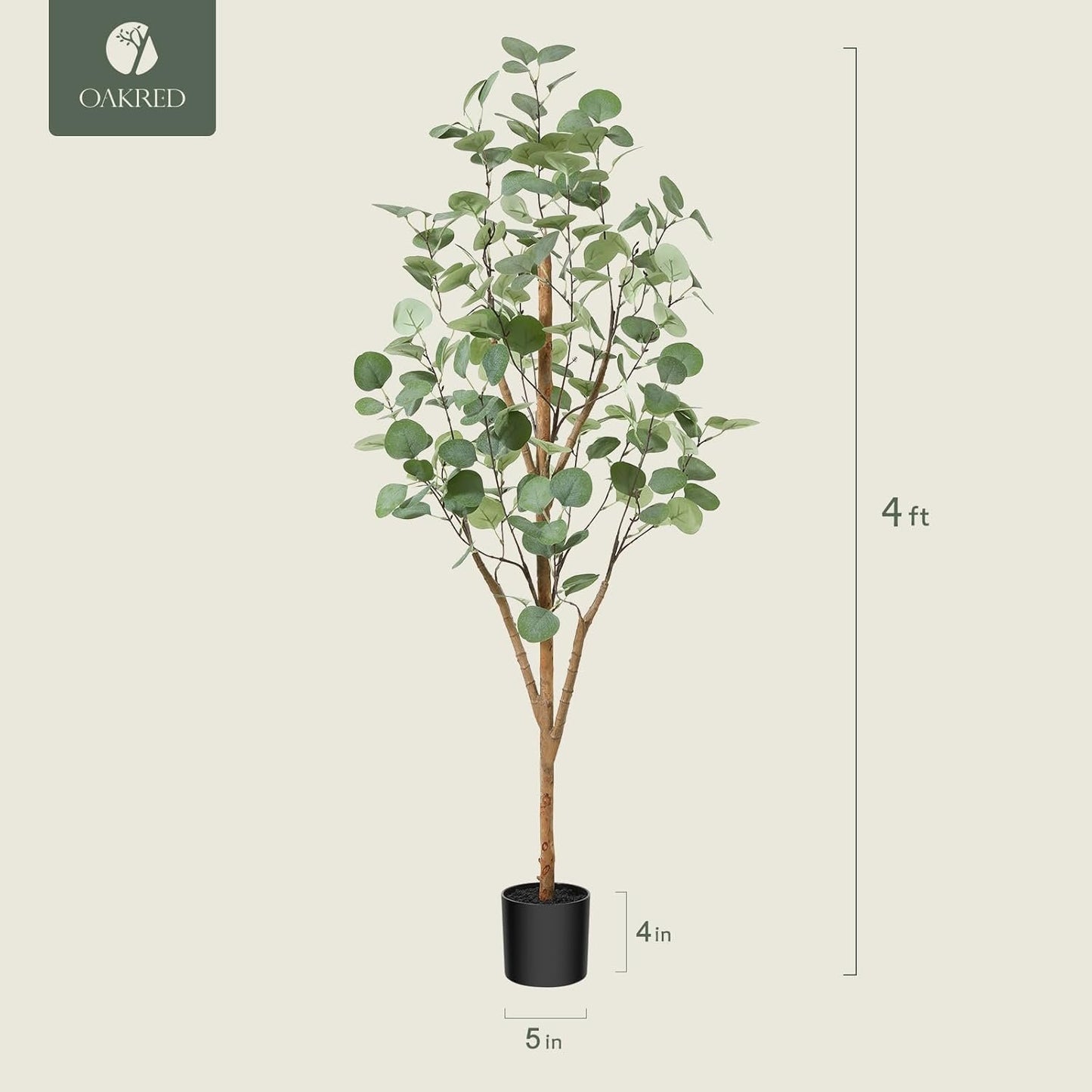OAKRED Artificial Eucalyptus Tree 4ft, Tall Fake Tree with Natural Wood Trunk and Realistic Silver Dollar Leaves, Silk Faux Eucalyptus Artificial Plants for Indoor Home Decor Office Living Room