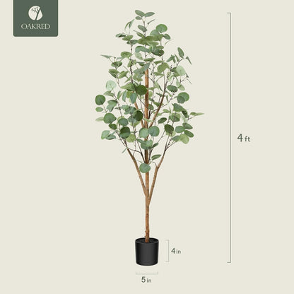 OAKRED Artificial Eucalyptus Tree 4ft, Tall Fake Tree with Natural Wood Trunk and Realistic Silver Dollar Leaves, Silk Faux Eucalyptus Artificial Plants for Indoor Home Decor Office Living Room