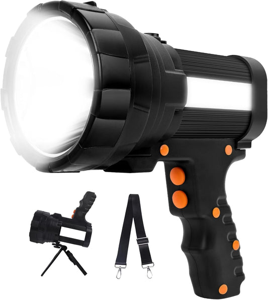 Super Bright LED Handheld Spotlight Flashlight Rechargeable 10000mAh 10000 Lumens Long Lasting Spot Light Waterproof Tactical Torch, 6 Light Modes Side Floodlight, USB Output PowerBank