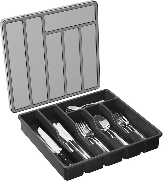 Lifewit Cutlery Tray with Lid, Cutlery Storage Box for Kitchen Drawer and Countertop, Plastic Cutlery Drawer Organiser for Spoons Forks Knives Holder Storage Insert, 6 Compartments, Black