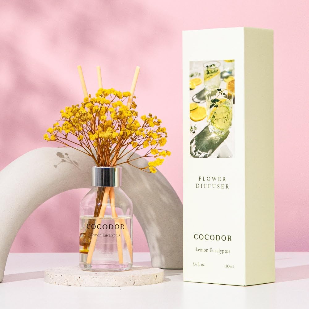 COCODOR Flower Reed Diffuser Set / 100ml / Lemon Eucalyptus/Scent Diffuser with Sticks Home Fragrance Reed Diffuser for Bathroom Shelf Décor