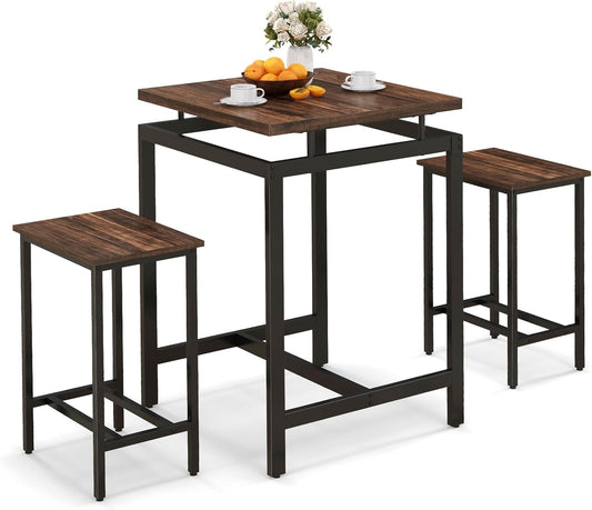 Giantex Counter Height Table with 2 Stools, Pub Dining Table Set with Floating Tabletop & Footrest, Breakfast Table Set for Small Space, Industrial Bistro Set for Apartment Kitchen, Rustic Brown