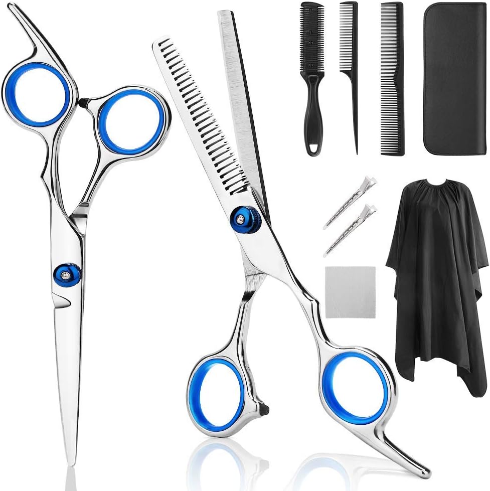Professional Hair Cutting Scissors, YBLNTEK 9 PCS Barber Thinning Scissors Hairdressing Shears Stainless Steel Hair Cutting Shears Set with Cape Clips Comb for Barber Salon and Home