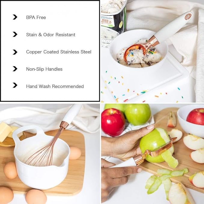 White & Gold Kitchen Tools and Gadgets - Luxe 7PC Cooking Tools and Gadgets with Anti-Slip Handles, Utensils Set, Gold Kitchen Accessories,Premium Kitchen Gadget Set (Champagne gold & black)