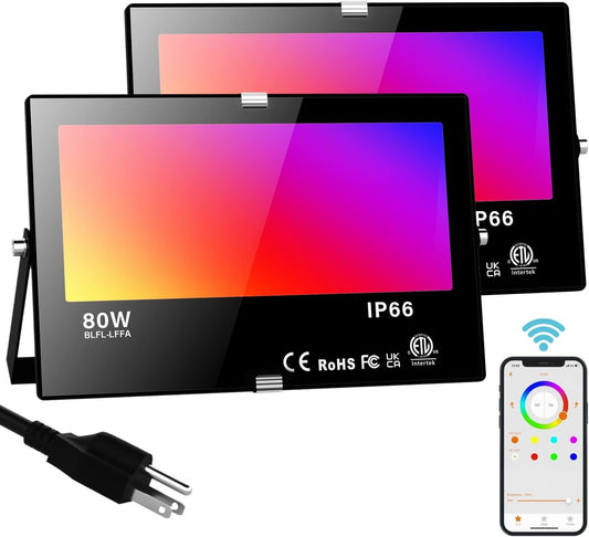 LED Flood Light Outdoor 800W Equivalent 8000LM,Smart Color Changing Floodlight with APP Control,RGB & Warm White 2700K,Timing,IP66 Waterproof Uplight for Garden Yards Stage Landscape Lighting (2Pack)