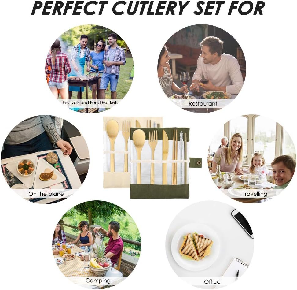 Set of 2, Bamboo Utensils Cutlery, DaKuan Reusable Cutlery Travel Set, Bamboo Spoon, Fork, Knife, Brush, Chopsticks and Straw, Eco-Friendly Portable Utensils with Case