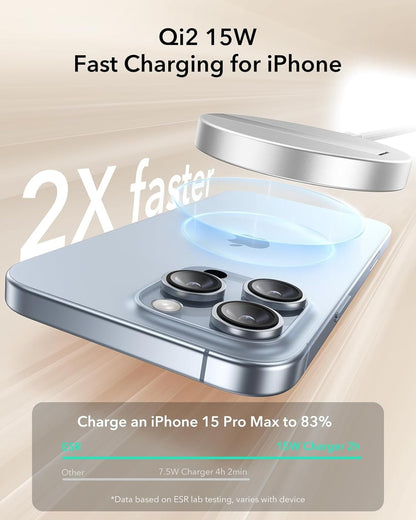 ESR HaloLock Qi2 Wireless Charger with Kickstand, Qi2 15W MagSafe iPhone Charger, Wireless Charging Pad for iPhone 16/15/14/13/12 Series, AirPods Pro, Strong Magnetic Charging with Type-C Cable, White