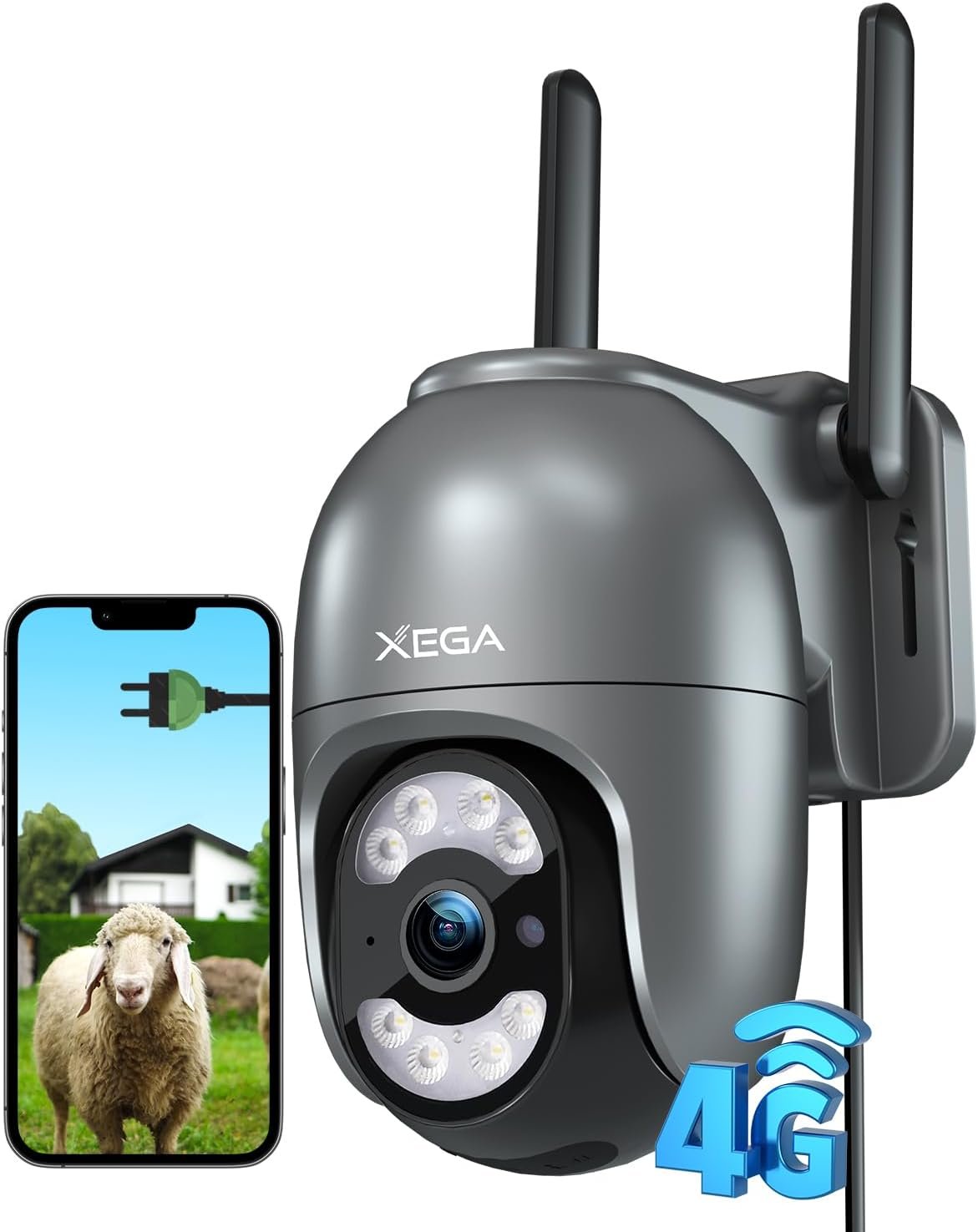Xega 4G LTE Security Camera Outdoor with SIM Cardã€Plug in 24/7 Recordingã€‘ 2K Wired 4G No WiFi Security Camera, IP PTZ CCTV Auto Tracking Human Detection Spotlight Siren Alert TF Cloud Storage IP66