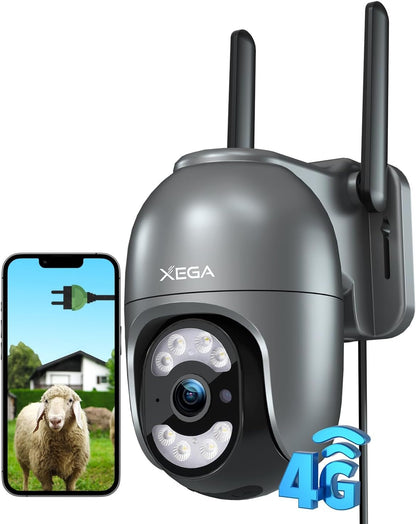 Xega 4G LTE Security Camera Outdoor with SIM Cardã€Plug in 24/7 Recordingã€‘ 2K Wired 4G No WiFi Security Camera, IP PTZ CCTV Auto Tracking Human Detection Spotlight Siren Alert TF Cloud Storage IP66