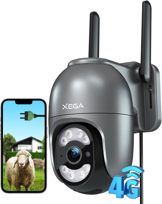 Xega 4G LTE Security Camera Outdoor with SIM Cardã€Plug in 24/7 Recordingã€‘ 2K Wired 4G No WiFi Security Camera, IP PTZ CCTV Auto Tracking Human Detection Spotlight Siren Alert TF Cloud Storage IP66