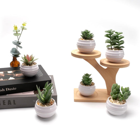 BERRYLION 6 Packs Succulents Fake Plants,Small Artificial Plants Indoor,Green Bookshelf Décor,Faux Plants for Home Décor,White Potted Fake Plant for Nightstand Decor