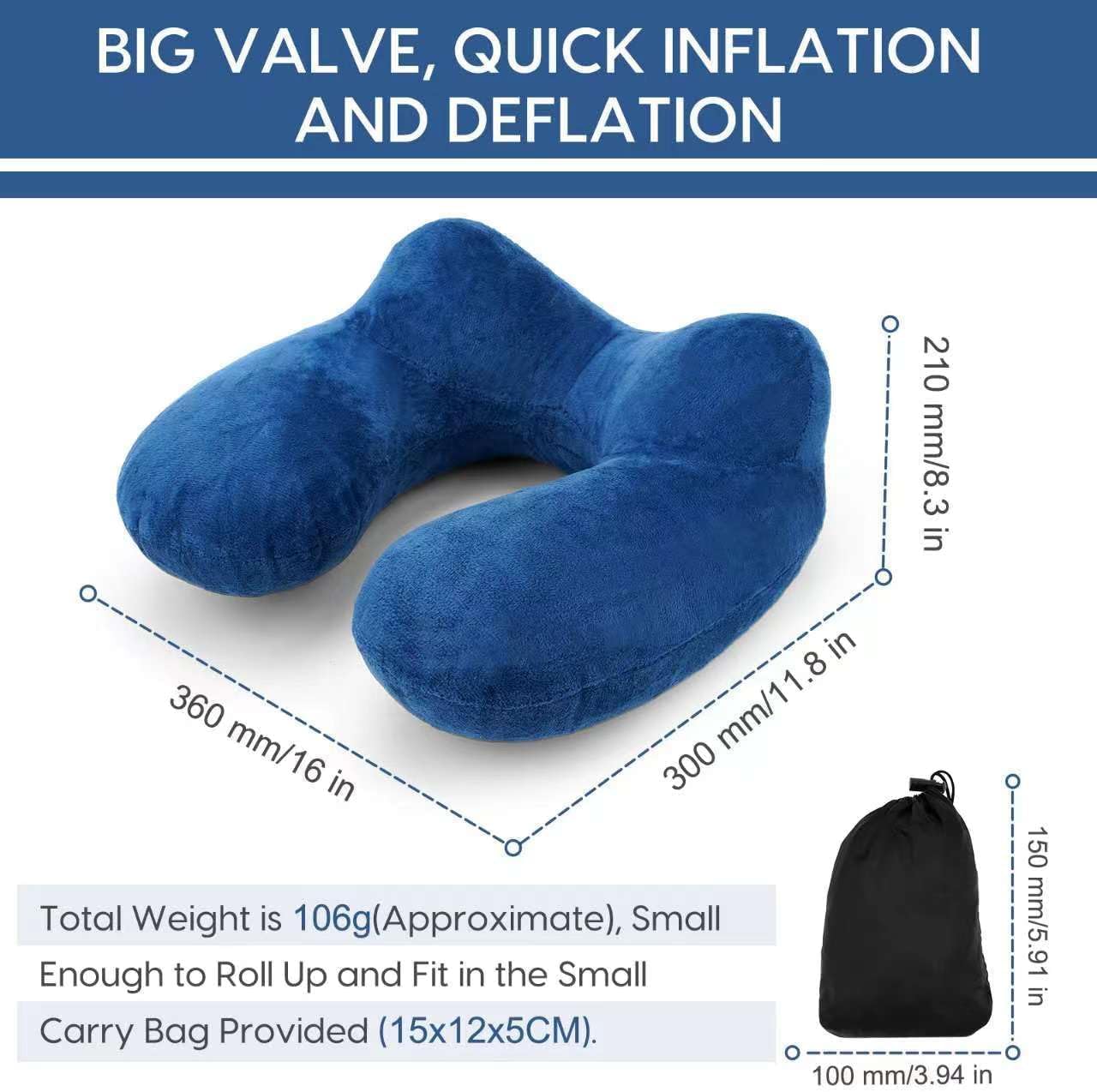Travel Pillow, Inflatable Travel Pillow for Airplane Inflatable Neck Pillow for Traveling with Soft Velvet Washable Cover, Contoured Eye Masks, Earplugs and Luxury Bag (Navy Blue)