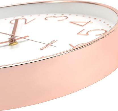 Foxtop Modern Wall Clock 12 Inch Non-Ticking Rose Gold Wall Clock Silent Battery Operated Round Quartz Clock for Living Room Bedroom Home Office School Decor