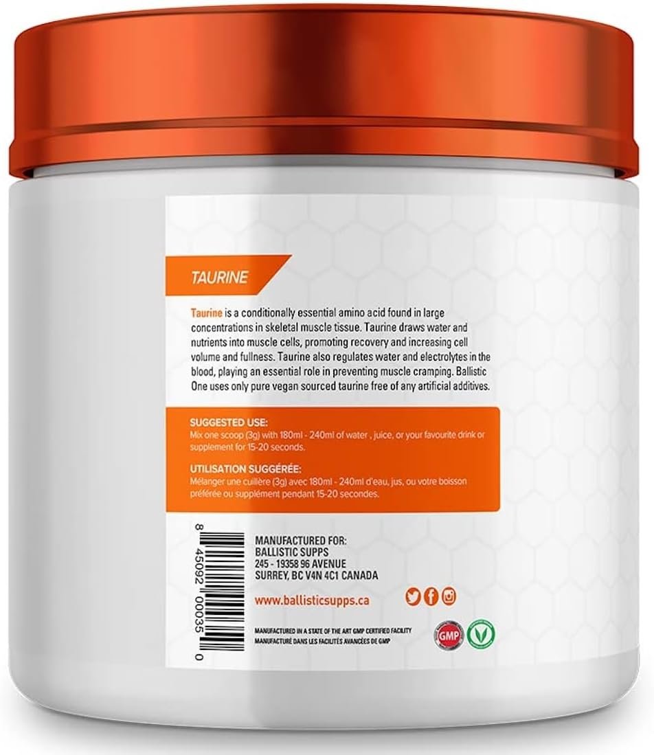 Ballistic Taurine Powder | 3g Pure Taurine Amino Acid Supplement | Electrolyte Support, Hydration, Metabolism Management, Heart Health | Vegan, 133 Servings, 400G (Unflavoured)