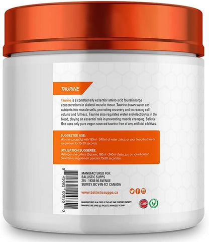 Ballistic Taurine Powder | 3g Pure Taurine Amino Acid Supplement | Electrolyte Support, Hydration, Metabolism Management, Heart Health | Vegan, 133 Servings, 400G (Unflavoured)