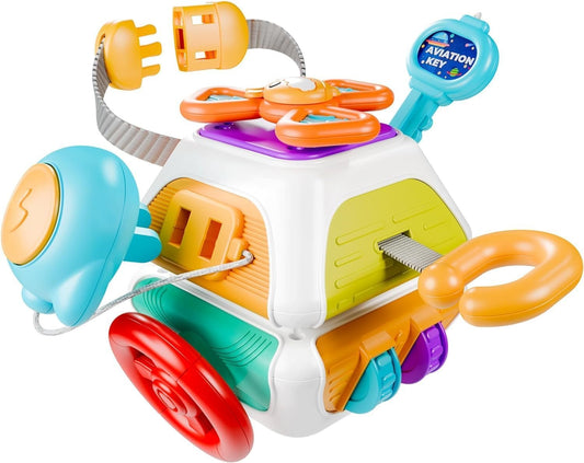 Baby Busy Board Cube, Montessori Sensory Toys for Toddlers Infant Carseat Plane Travel Toy, Educational Learning Activities, Baby Gift 18 Months Old Boy Girl