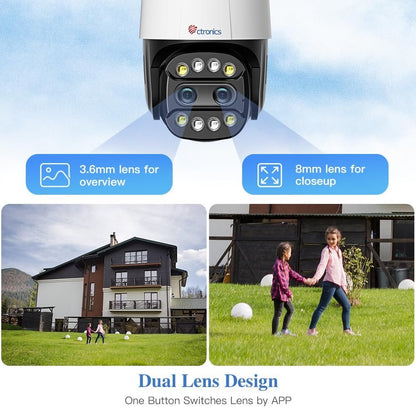 ctronics Dual Lens Security Camera Outdoor with 6X Hybrid Zoom, 360Â° CCTV Camera, 1080P PTZ IP Home Security WiFi Camera, Human Detection, Auto Tracking, Color Night Vision, Siren, 2-Way Audio, IP66
