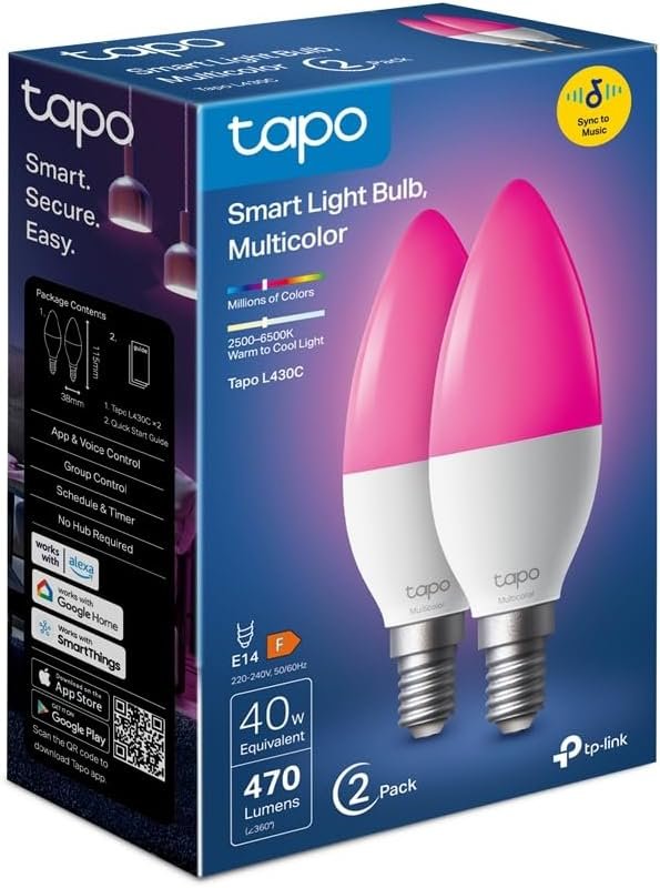 TP-Link Tapo Smart WiFi Light Bulb, Multicolour, B38, E14, White Tunable, Dimmable, Smart Home, Schedule & Timer, Voice Control, APP Control, Sync-to-Sound, Energy Monitor(Tapo L430C(2-Pack))