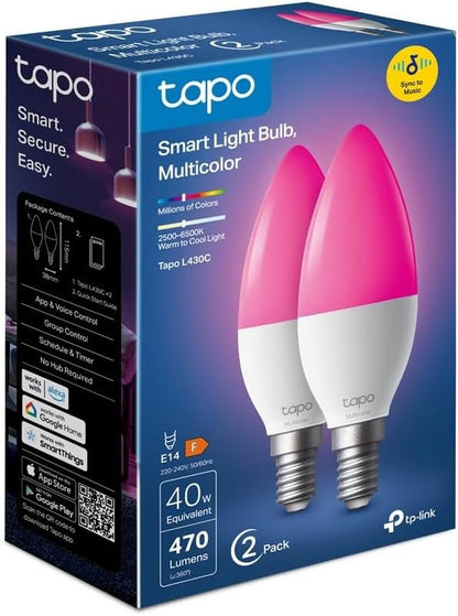 TP-Link Tapo Smart WiFi Light Bulb, Multicolour, B38, E14, White Tunable, Dimmable, Smart Home, Schedule & Timer, Voice Control, APP Control, Sync-to-Sound, Energy Monitor(Tapo L430C(2-Pack))