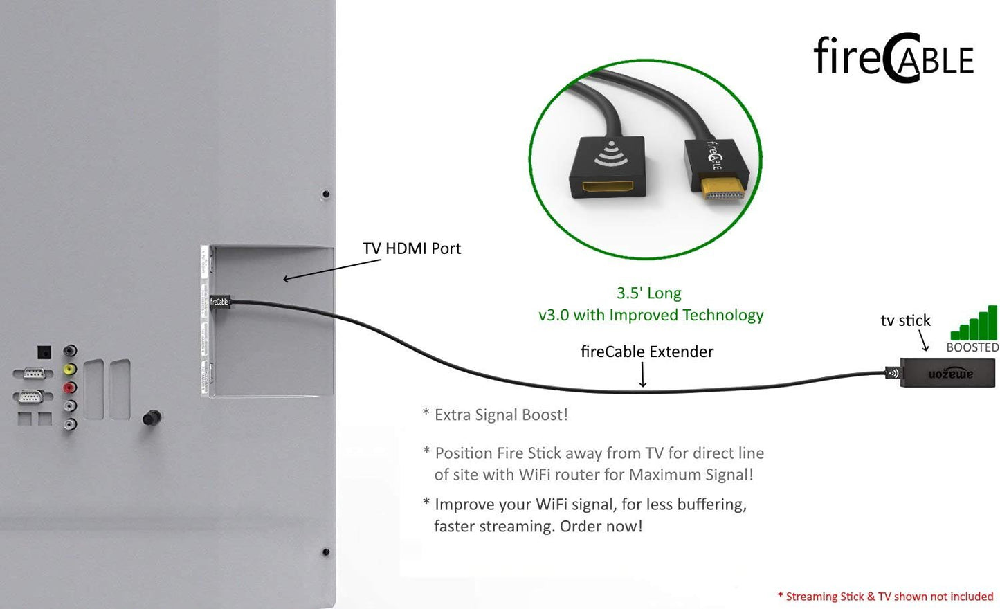 fireCable XXL Extender for Amazon FireStick - Improves Buffering, Faster Streaming