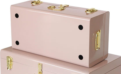 Vixdonos Decorative Metal Box Storage Trunks Set of 2 College Dorm Chest with Handle (Pink)