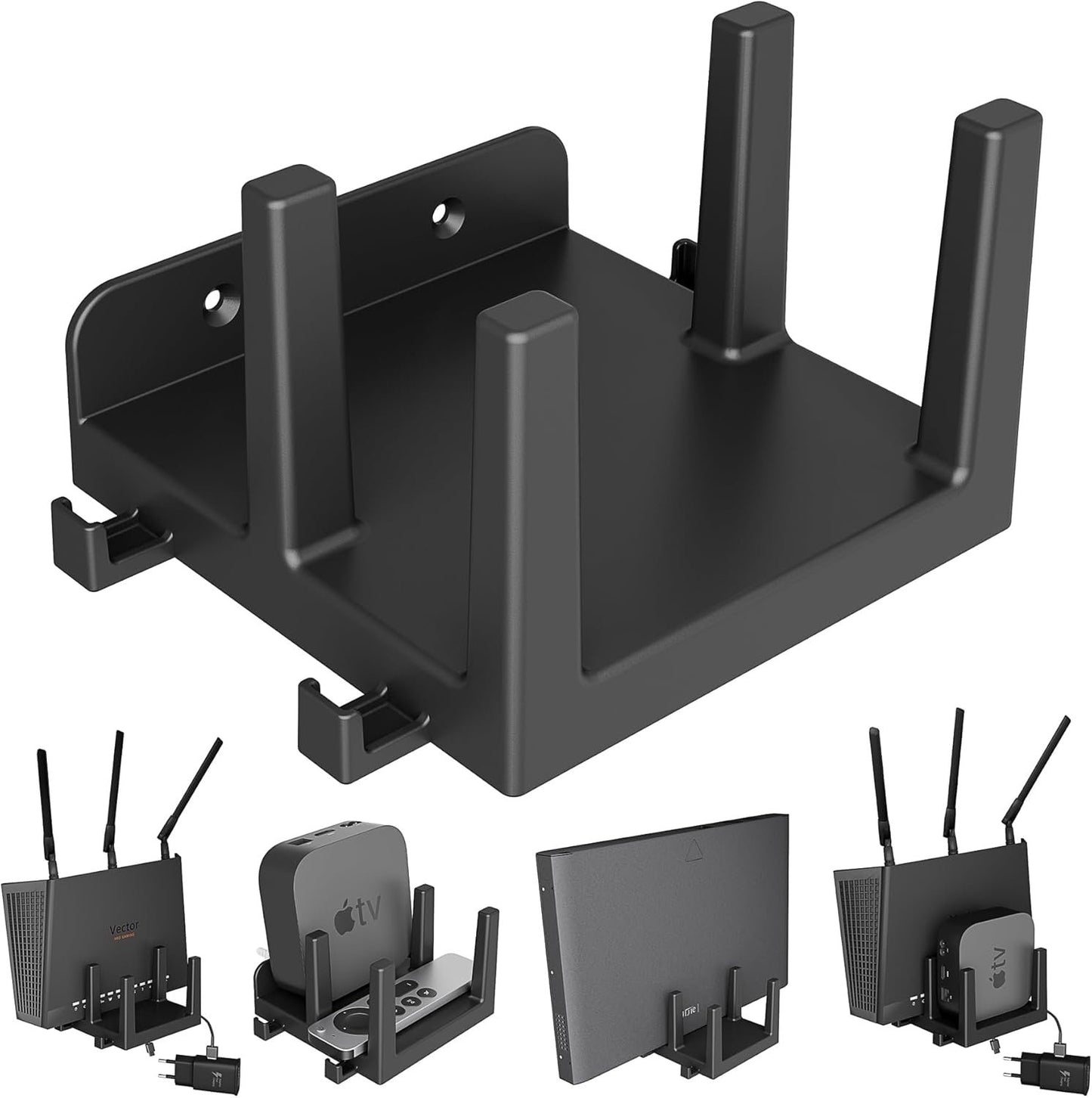 sciuU Wall Mount for Router, TV Box, Modem, Network Switch – Shelf for 2 Devices with Thickness < 3.8 cm / 4.3 cm – Compatible with Apple TV, Xiaomi Mi Box, Roku, TP-Link, ASUS, Sky Q Mini