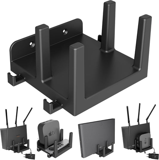 sciuU Wall Mount for Router, TV Box, Modem, Network Switch – Shelf for 2 Devices with Thickness < 3.8 cm / 4.3 cm – Compatible with Apple TV, Xiaomi Mi Box, Roku, TP-Link, ASUS, Sky Q Mini