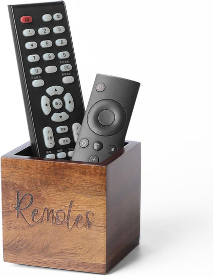 Acacia Wood Remote Organizer - Table Caddy, Vintage Farmhouse Design, Holds 2-3 Remotes