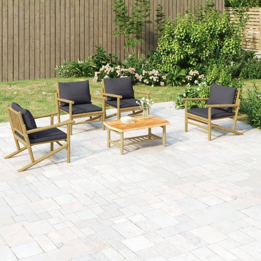 Homgoday Set Salotto da Giardino 5pz con Cuscini Grigio Scuro bambù, Salotto da Giardino Salottino, Lettini Prendisole, Divano Letto Mobili, Lettini da Giardino per Terrazzo Esterno Piscina Balcone