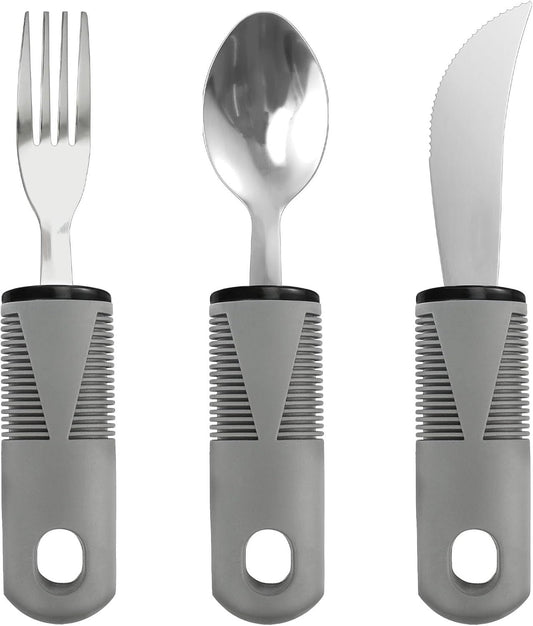 FwQoFvk Adaptive Utensil Set Stainless Steel Adaptive Cutlery Set Adaptive Eating Utensils Anti Shake Weak Hand Grip Tools with Ergonomic Handle for Elderly Grey