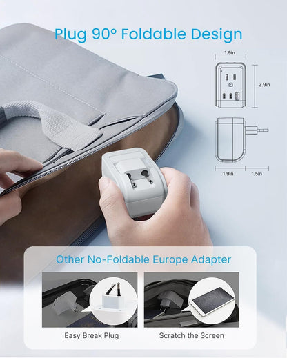 1 Pack European Travel Plug Adapter, VINTAR Foldable International Power Plug with 2 AC Outlets 3 USB Ports(2 USB C), Type C Travel Essentials Charger for Canada to Most of Europe Italy Spain France