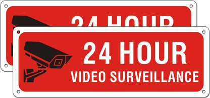 Video Surveillance Metal Sign Under 24 Hour for Business House Camera Security Warning Aluminum Sign CCTV (2 Pack 10 x 3.5 inches)