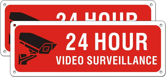 Video Surveillance Metal Sign Under 24 Hour for Business House Camera Security Warning Aluminum Sign CCTV (2 Pack 10 x 3.5 inches)