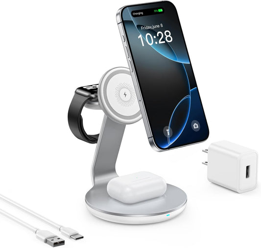 HERRBOL 3 in 1 Wireless Charging Station Compatible with Magsafe Charger Fast WirelessCharging Station for iPhone 16 15 14 13 12 Series Wireless Charger Stand for Apple Watch for AirPods Wire Less