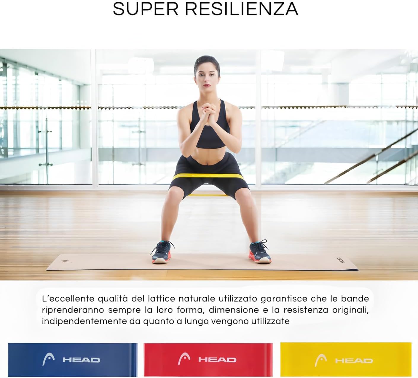 HEAD - Latex Fitness Exercise Bands Kit of 3 Bands and 3 Resistance Levels: 9, 14, 18 kg Usage: Fitness, Strengthening, Warming, Yoga, Pilates, etc. Dimensions: 12 x 3 inches