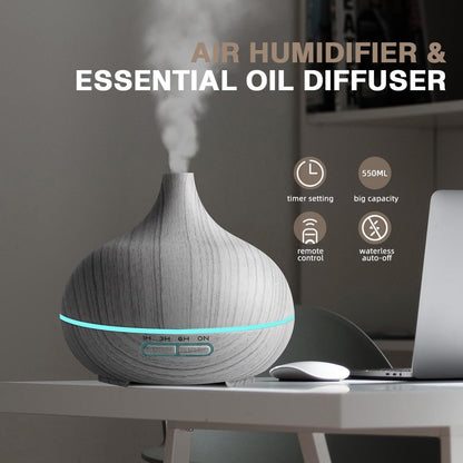 550ml Essential Oil Diffuser, Aromatherapy Ultrasonic Diffusers Fragrant Humidifier Vaporizer with Remote Control, Night Lights, Timer Auto Off, White Wood Grain