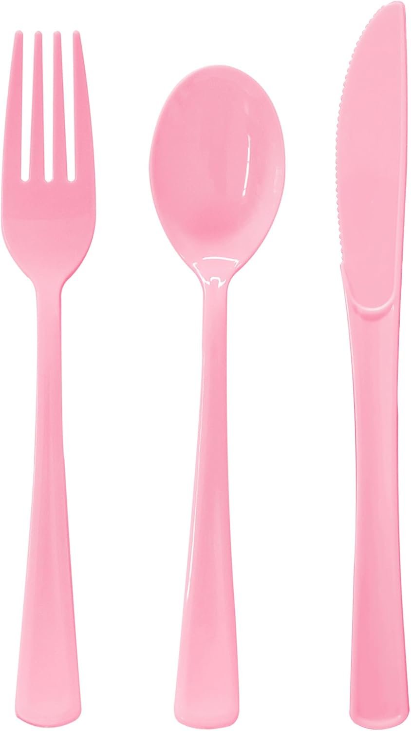 150 Pack Light Pink Plastic Disposable Heavy Duty Utensil Set - 50 Forks, 50 Knives, 50 Spoons for Pink Party Decorations Wedding Birthday