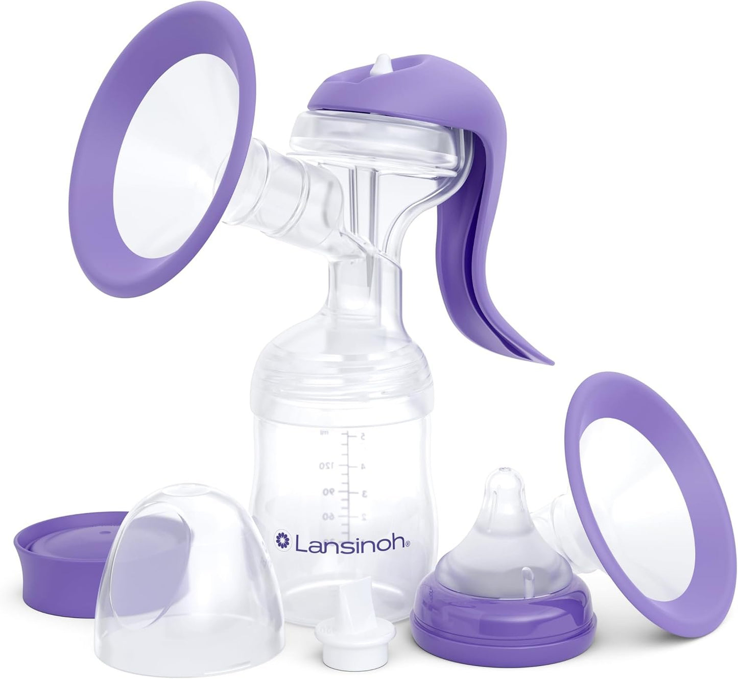 Lansinoh Manual Breast Pump, Ergonomic, Easy Express & Dual Mode, 1 Count, Includes 2 Flange Sizes (Standard & Large), and NaturalWave Nipple, Cap & Collar, All for Ideal Suction, Storage and Feeding