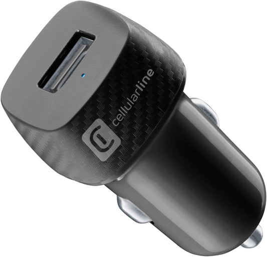 Cellularline - USB Car Charger 12W - USB Car Charger 12W - Automatic Adapter Cigarette Lighter Sockets 12V/24V - Protection from Overloads and Short Circuits - Black