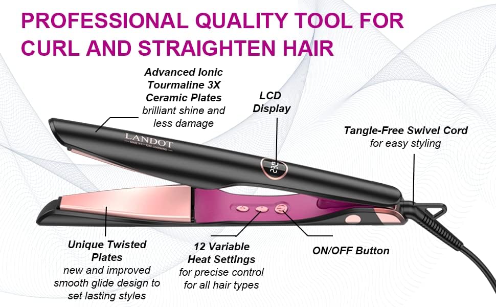 LANDOT Hair Straightener and Curler 2 in 1 - Twist Straightening Curling Iron Combo - Flat Iron Curling Iron in One for Curl Wave Straighten Hair