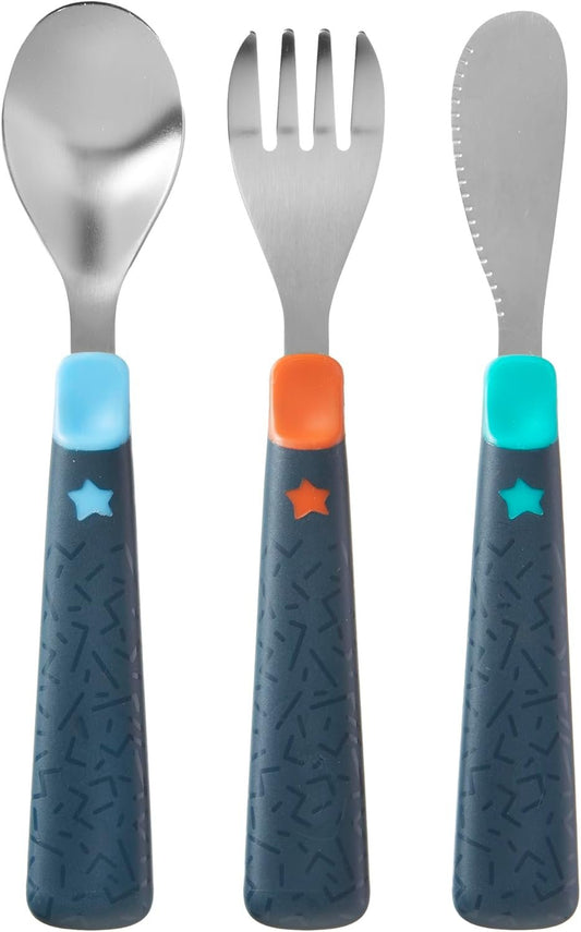 Tommee Tippee Big Kids Stainless Steel First Cutlery Set, Rounded Edges, Chunky Handles, Includes Fork, Knife and Spoon, 12 Months+