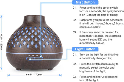 Essential Oil Diffuser, Aromatherapy Diffuser 500ml with Remote Control, 4 Timer & Auto-Off Safety Switch, 7 Color LED Lights Mode, 10 Hours Quiet Humidifier for Bedroom, Office & Home