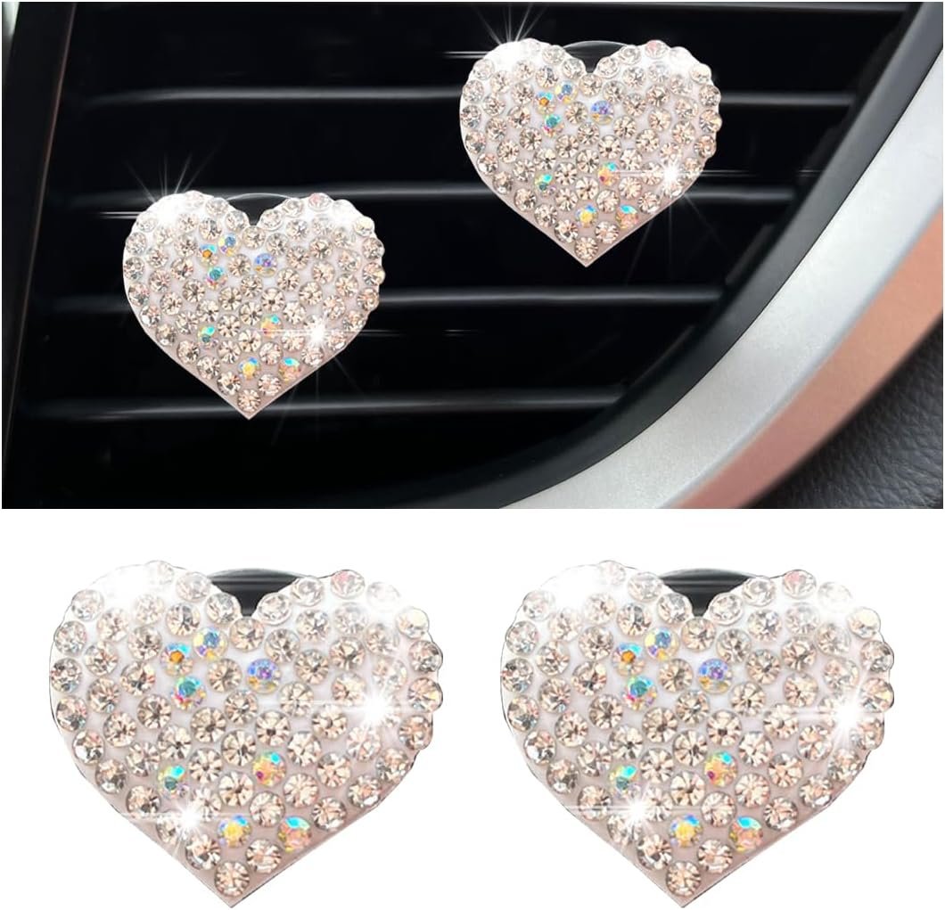 XINLIYA Car Air Vent Clips, 2Pcs Bling Heart Charm Air Conditioning Outlet Clip, Crystal Rhinestone Vent Clip, Sparkly Car Interior Decoration Cute Accessories for Women Girls（White）