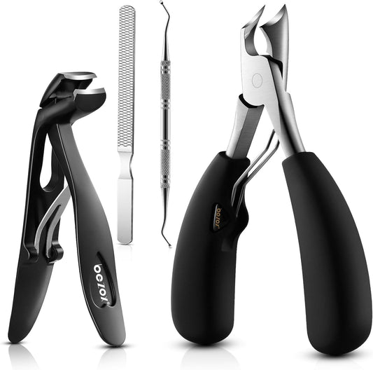 BEZOX Toenail Tool Kit 4PCS Nail Care Set for Ingrown Toenails – Curved Head Toe Nail Clippers for Seniors for Thick Nails, Thick Toenail Clippers, Long Nail File & Dual-Ended Lifter - Black