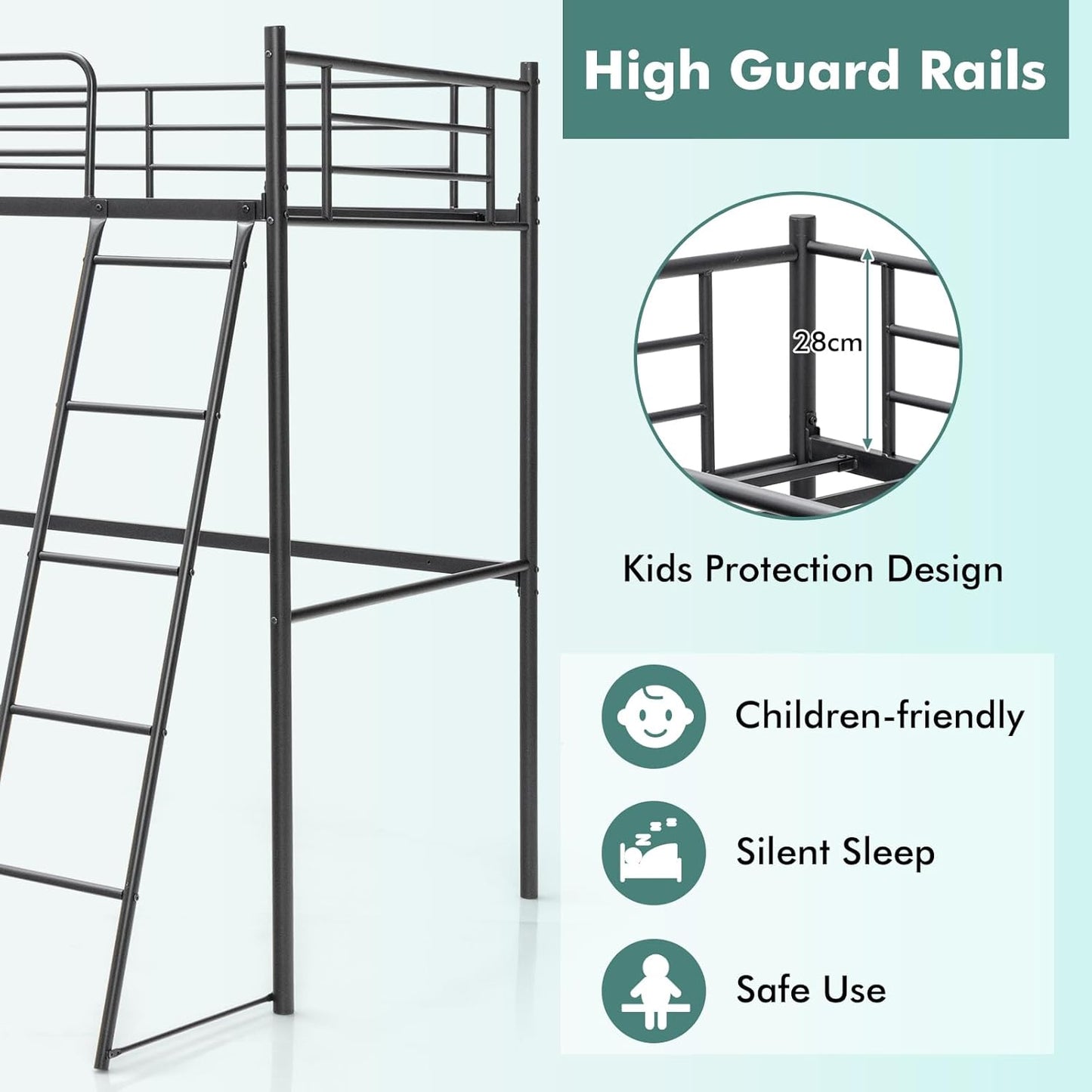 Giantex Loft Bed with Ladder, Heavy-Duty Steel Bed Frame with High Guard Rails & Ample Underneath Floor Space for Working & Relaxation, Versatile Bed Frame, No Box Spring Needed, Space-Saving (Black)