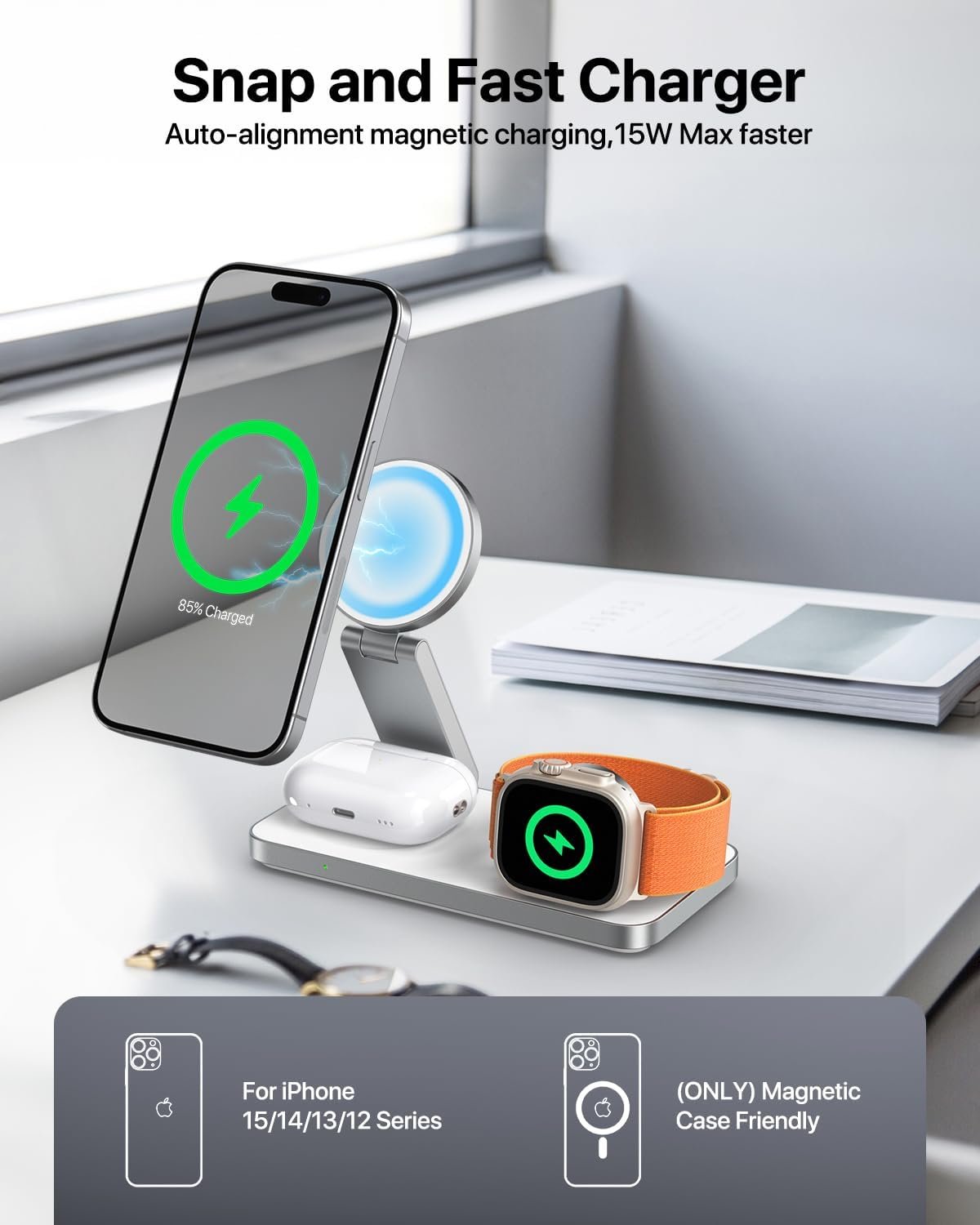EXW for MagSafe Charger,3 in 1 Fast Charging Station,Foldable Wireless Charger Stand for iPhone 12-16,Travel Magnetic Charger for AirPods and Apple Watch (Adapter Included) (White)