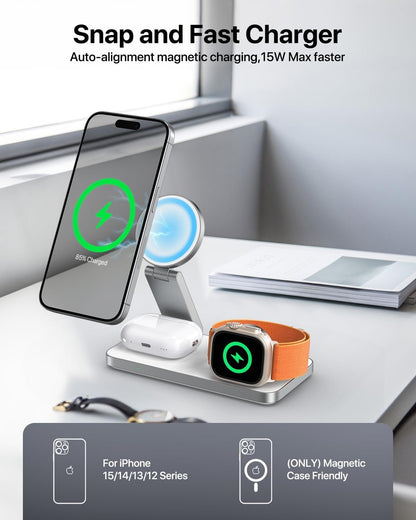 EXW for MagSafe Charger,3 in 1 Fast Charging Station,Foldable Wireless Charger Stand for iPhone 12-16,Travel Magnetic Charger for AirPods and Apple Watch (Adapter Included) (White)