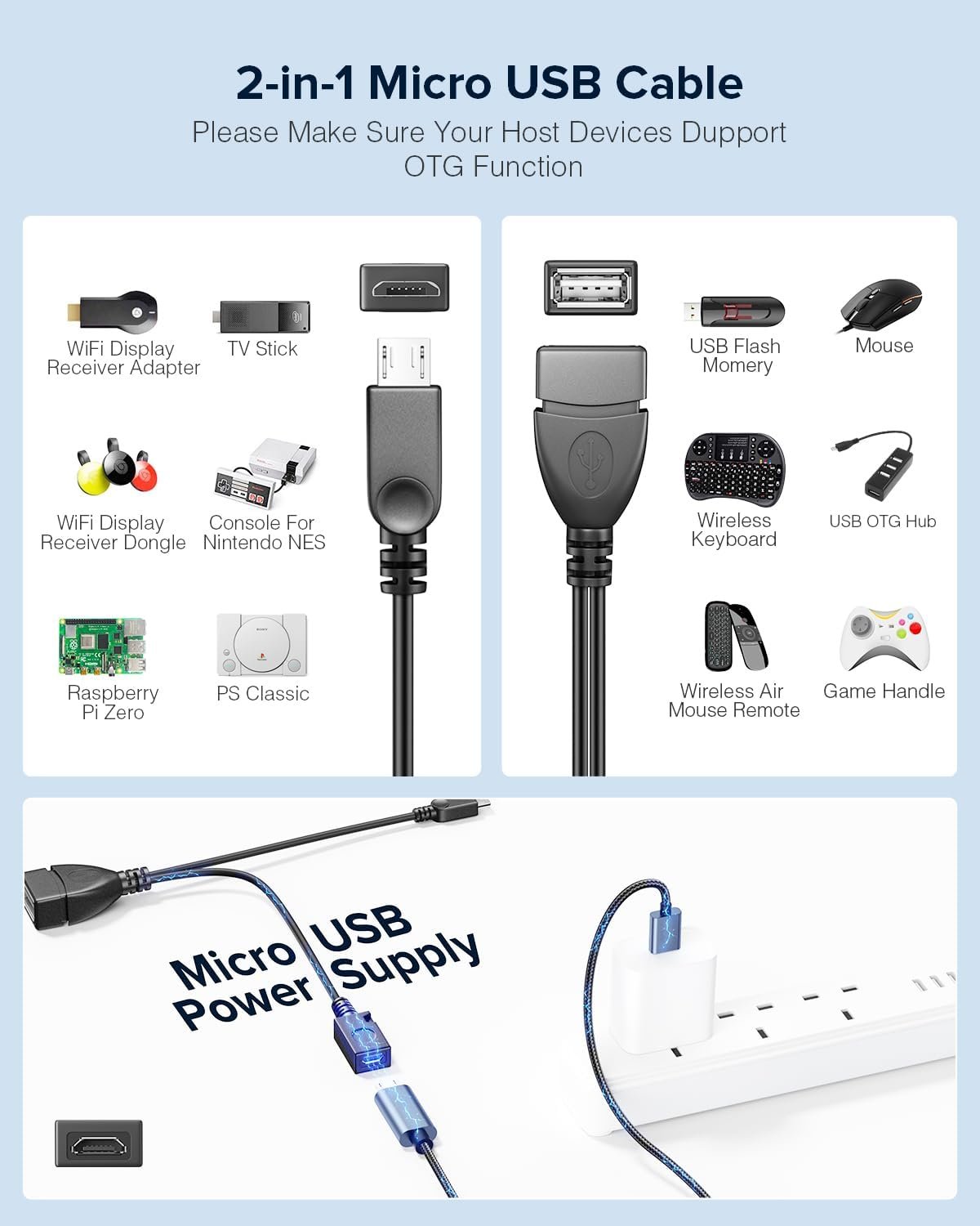 [2 Pack] ANDTOBO 2-in-1 Micro USB OTG Cable Adapter with Power Cable for Fire Stick/Host Devices etc- Black