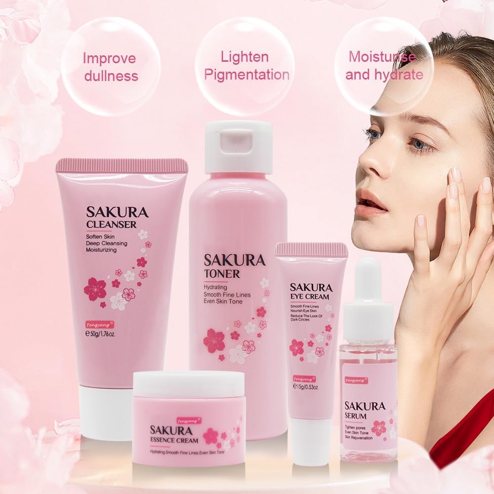 Fengyang® Sakura Skin Care Kit 5 Piece Skin Care Set Sakura Skin Care Kit Moisturizing Gift Women Facial Tool With Cherry Blossom Extract (5set)